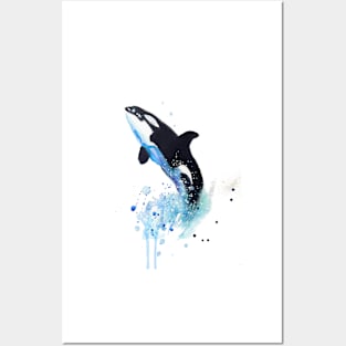 watercolor whale illustration with dripples Posters and Art